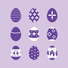 Set of color filled Easter Eggs with white pattern on violet background. Modern vector flat illustrations for poster, banner, flyer, postcard, spring theme.