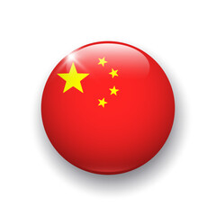 Realistic glossy button with flag of China. 3d vector element with shadow underneath. Best for mobile apps, UI and web design.