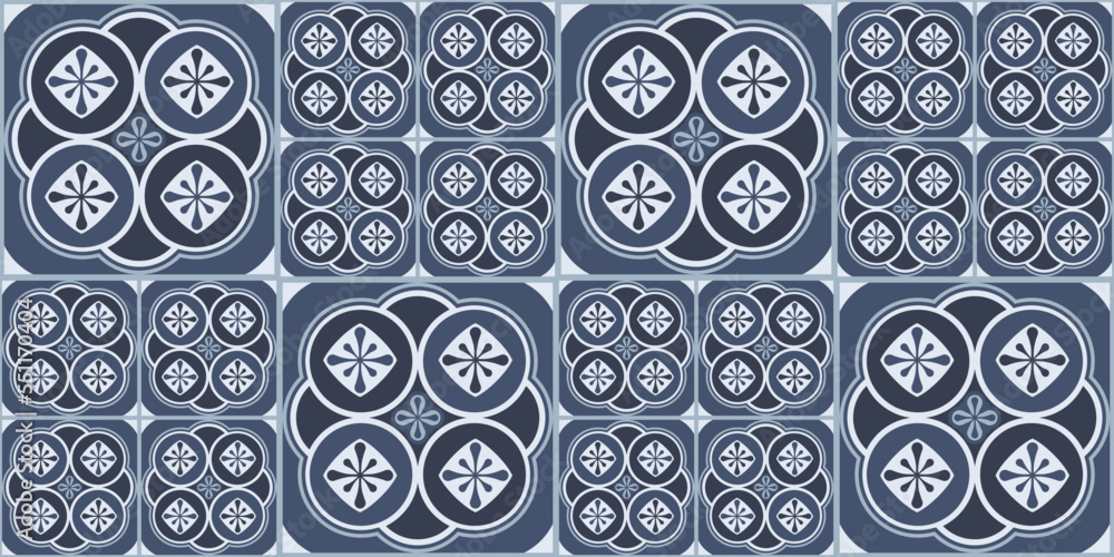 Poster abstract blue tiles. striped circles, suitable for textile or wallpaper. seamless pattern for interi