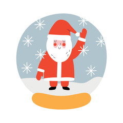 Glass snow globe Christmas decorative design. Cute cartoon Santa Claus.