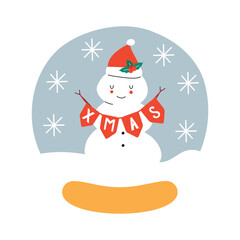 Glass snow globe Christmas decorative design. Cute cartoon Christmas snowmen.