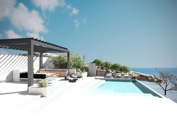 3d render outside pool and pergola