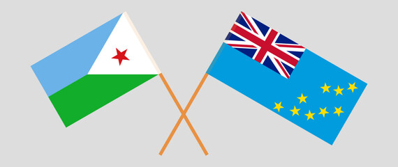 Crossed flags of Djibouti and Tuvalu. Official colors. Correct proportion