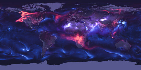 Solid particles and liquid droplets known as aerosols covering a world map showing the aerosols...