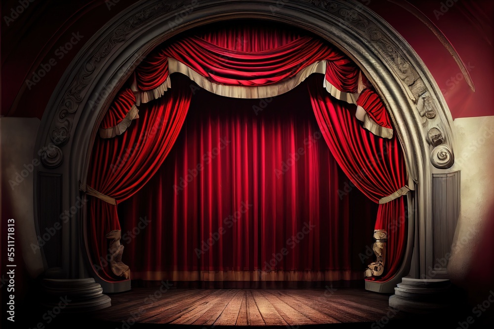 Poster a stage with a red curtain and a wooden floor with a chair in front of it and a bear on the floor. g