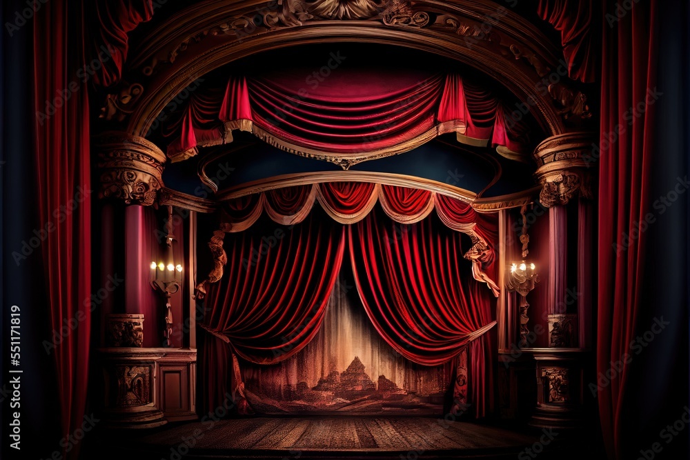 Poster a stage with a red curtain and a stage light on it's side and a stage with a stage curtain and a sta