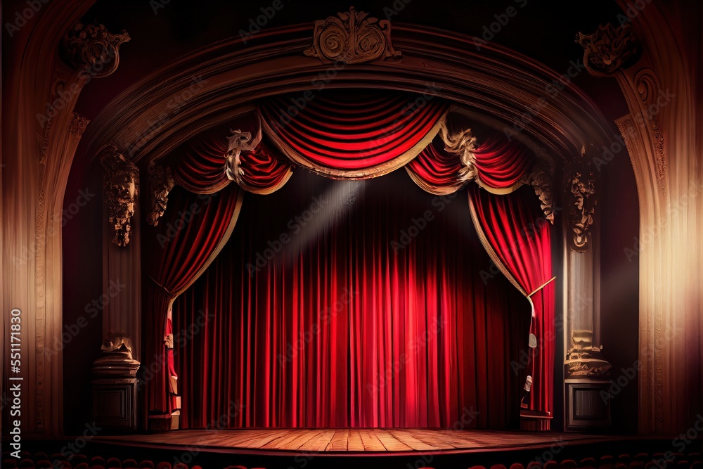 Poster a stage with a red curtain and a spotlight on it's side and a stage with a red curtain and a stage l