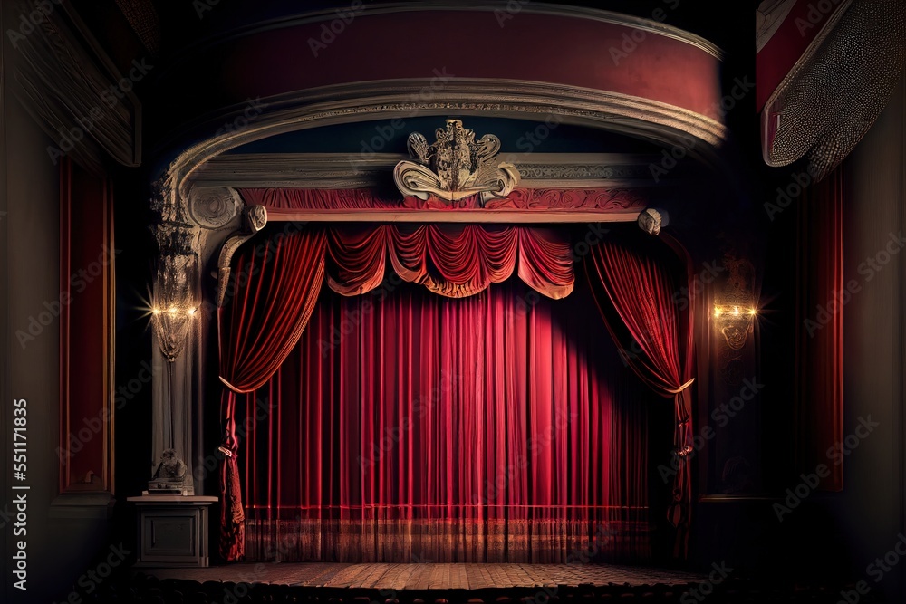 Aufkleber a stage with a red curtain and a chandelier on the side of it with a chandelier on the top. generati