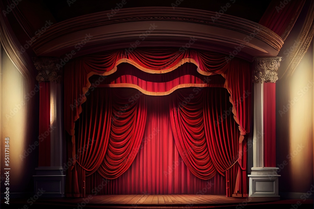 Poster a stage with a red curtain and a white pedestal with a vase on it and a lamp on the side. generative