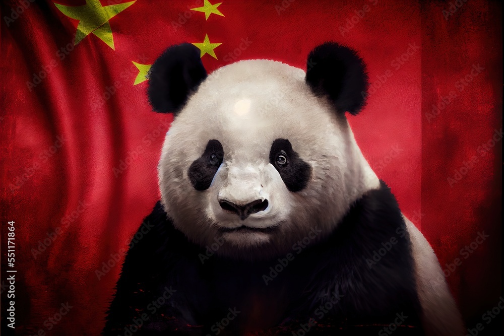 Poster a panda bear with a chinese flag background and a red background with stars and a red background wit