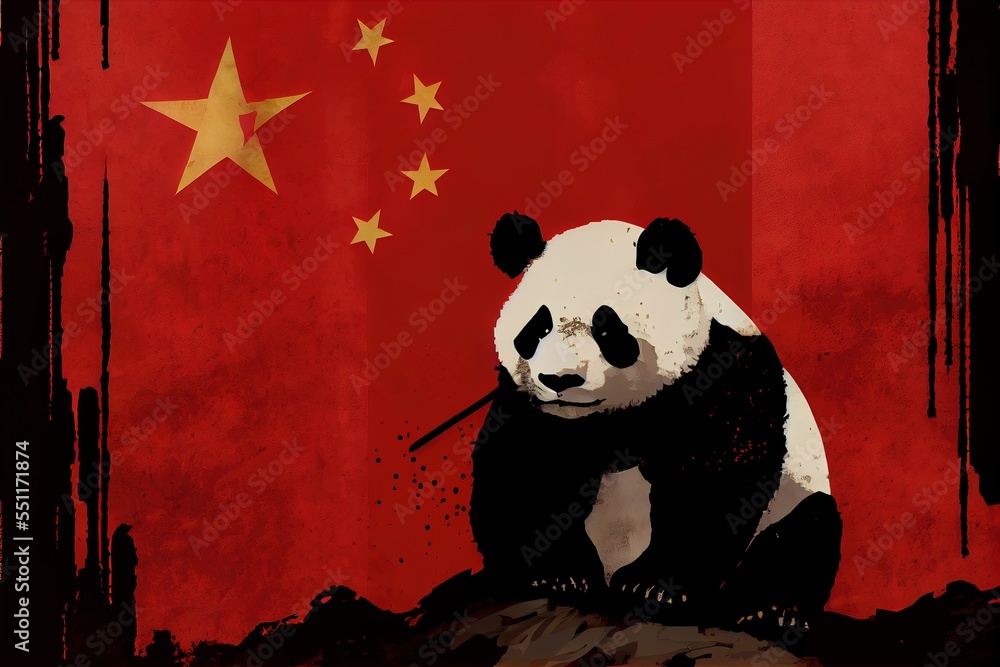 Poster a panda bear sitting on a rock with a flag in the background of it's image. generative ai