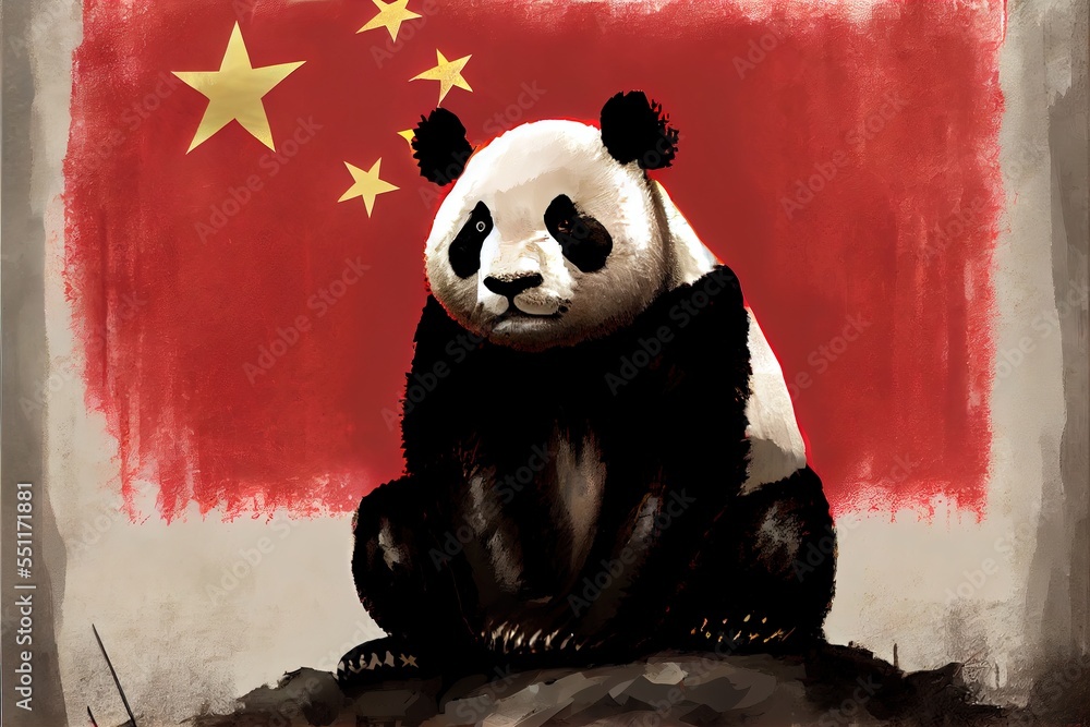 Poster a panda bear sitting on a rock with a flag in the background of it's image. generative ai