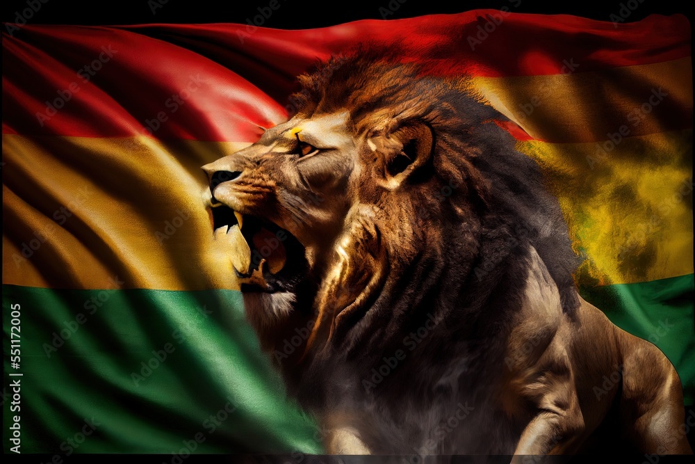 Poster a lion with its mouth open and a flag in the background with a lion's mouth open and a flag in the f