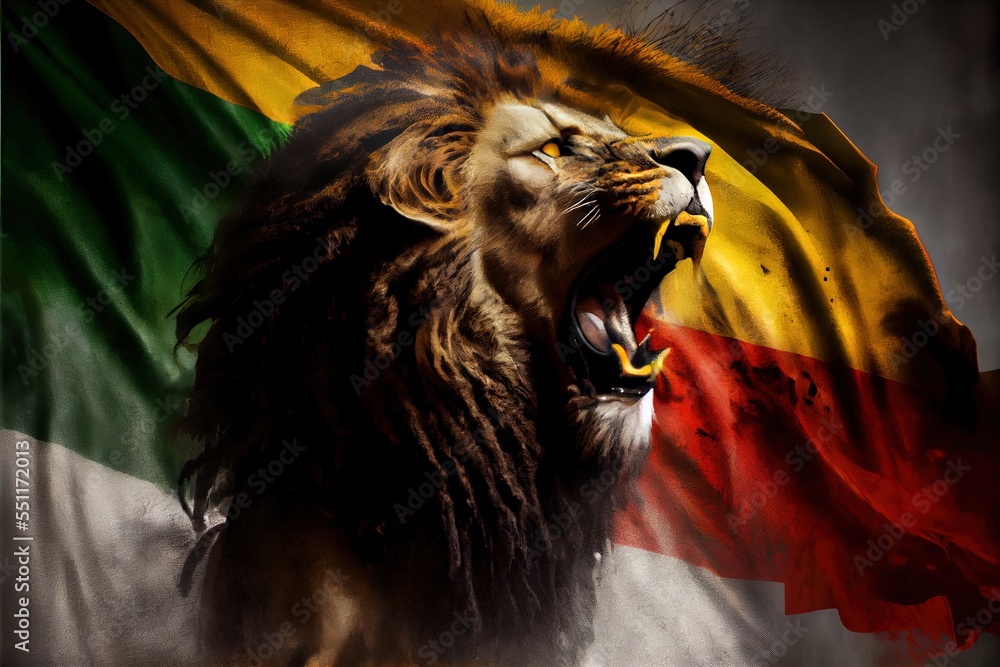 Poster a lion with its mouth open with a flag in the background of it's image. generative ai
