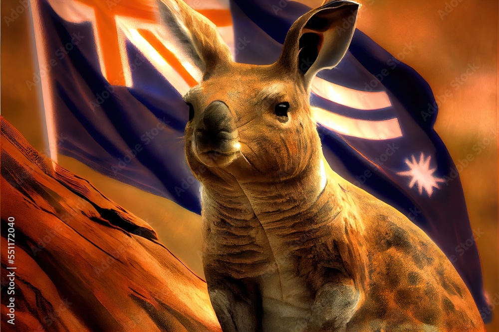Poster a kangaroo with a flag in the background of it's image. generative ai
