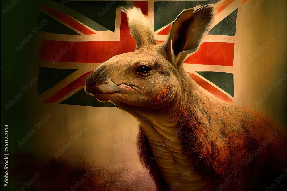 Poster a painting of a kangaroo with a flag in the background of it's head and neck. generative ai