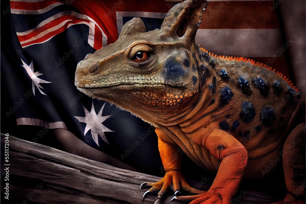 Poster a large lizard with a flag in the background of it's image. generative ai