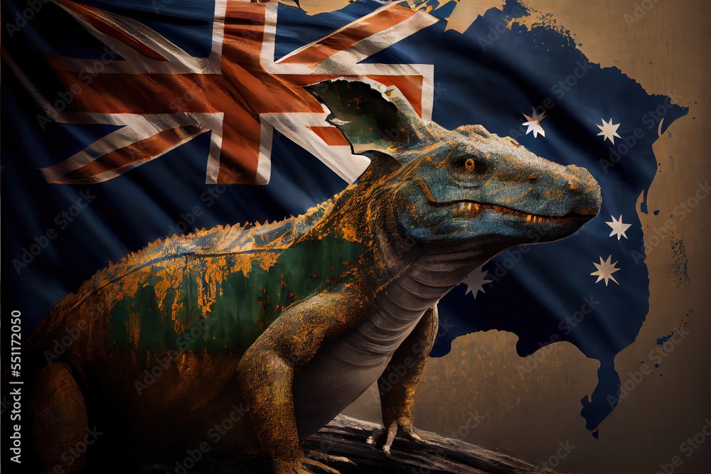 Aufkleber a dinosaur with a flag in the background of a map of australia and a flag of australia behind it. ge