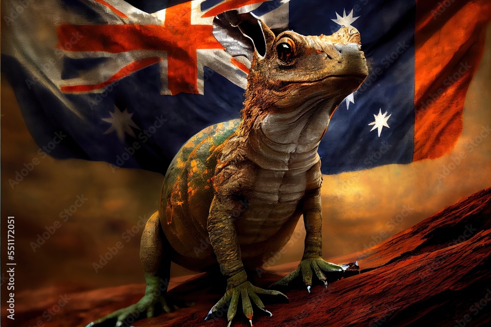 Poster a lizard with a flag in the background of it's image. generative ai