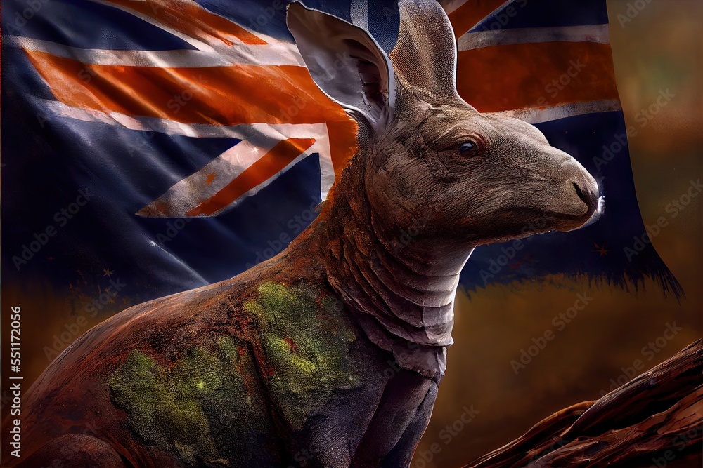 Poster a kangaroo with a flag in the background of it's image. generative ai