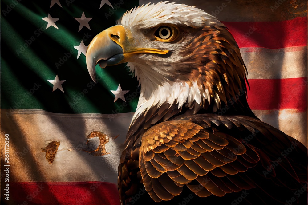 Poster a bald eagle with a flag in the background and a shadow of a flag behind it. generative ai