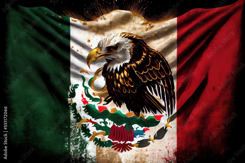 Poster a picture of a flag with a eagle on it's chest and a flag on the back of it. generative ai
