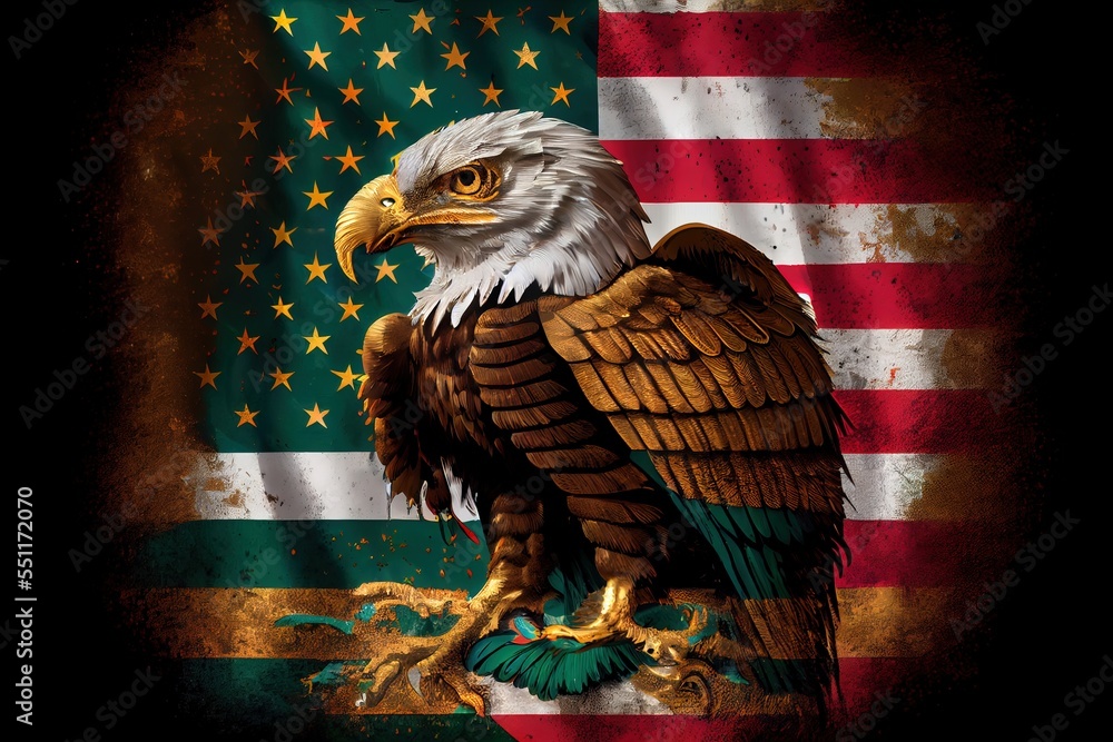 Poster a bald eagle standing on a flag with stars and stripes in the background of the image is a grungy. g