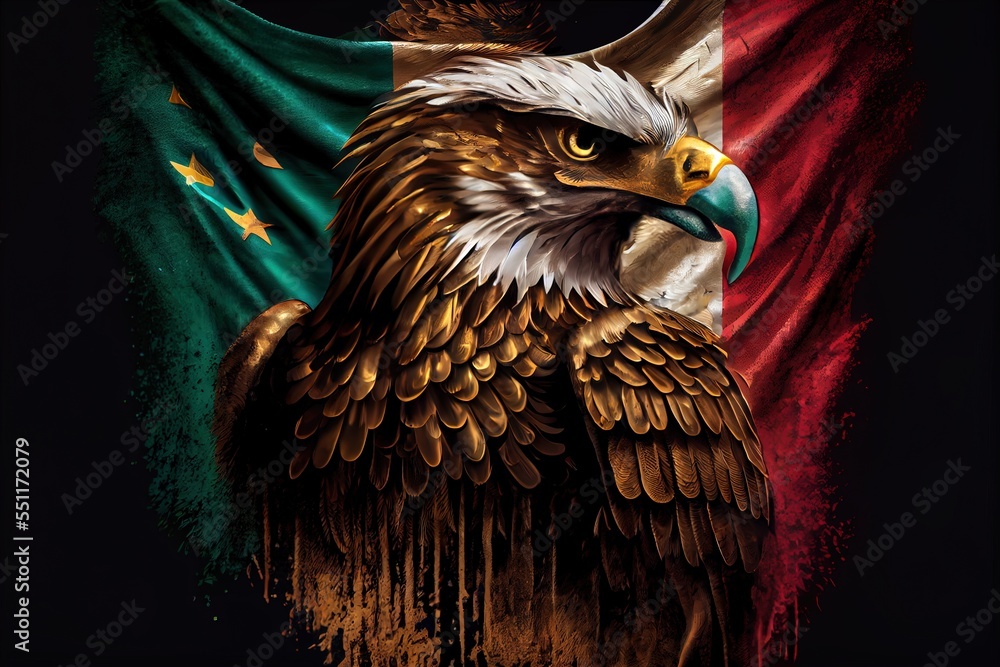 Poster  a painting of an eagle with a flag in the background of it's head and shoulders. Generative AI