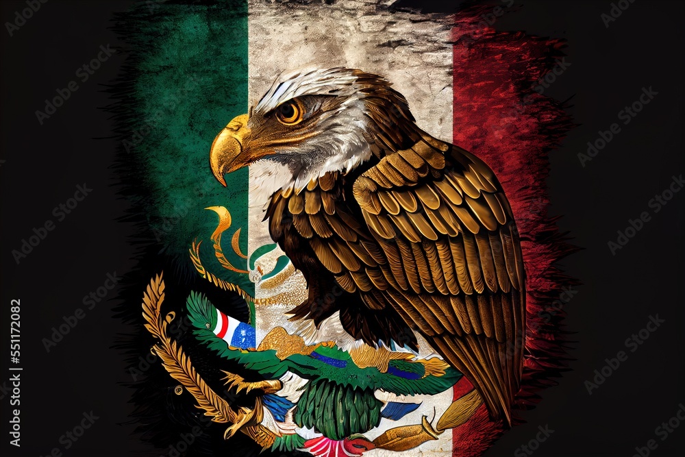 Poster a picture of a bald eagle with the flag of mexico in the background of the image is a grungy eagle. 
