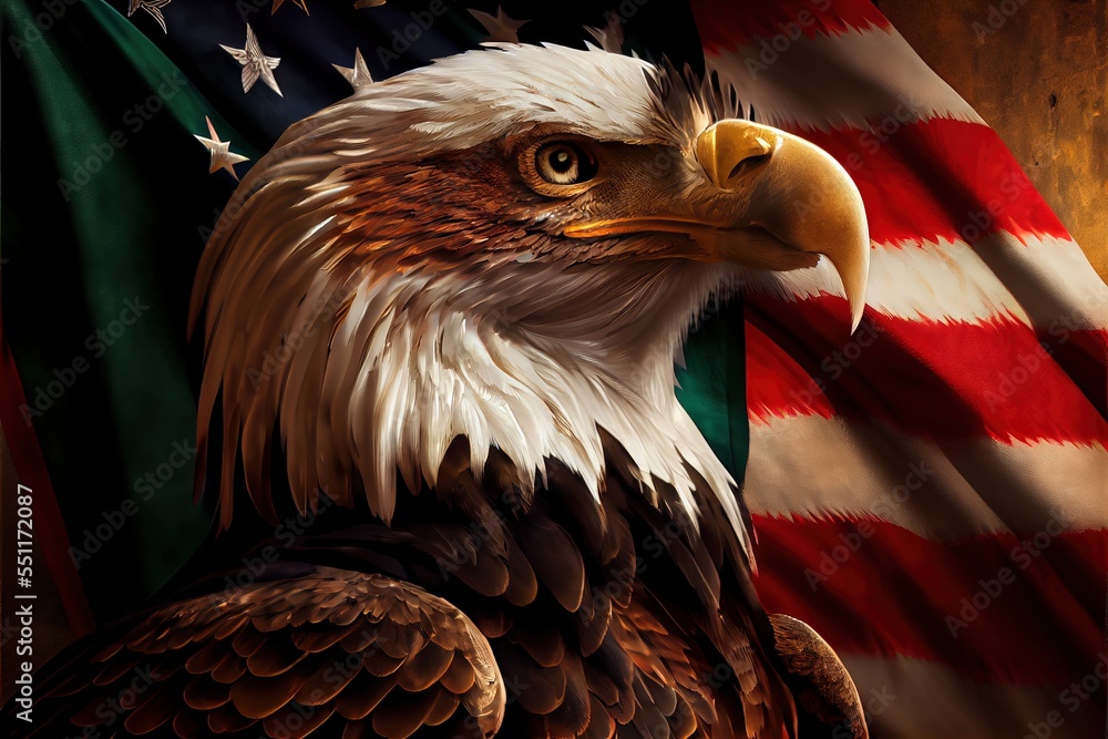 Poster a bald eagle with a flag in the background and a painting of the american flag in the foreground. ge