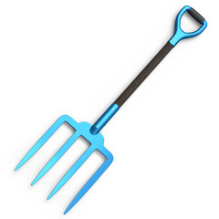 Garden pitchfork with wooden handle for harvesting hay on white background.