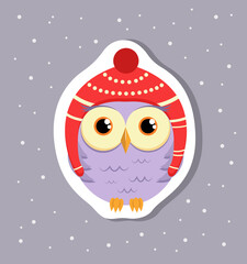 Cute vector owl in red winter hat sticker for nursery