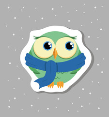 Cartoon owl in blue scarf vector sticker design