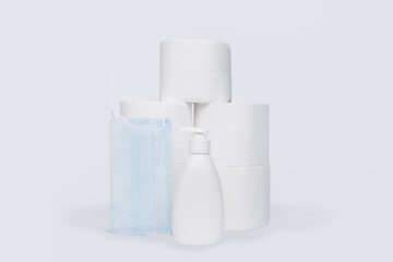 mask toilet paper and soap on white background. High quality photo