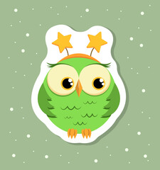 Cartoon green owl vector sticker design for nursery room