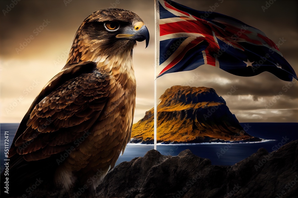 Aufkleber a bird with a flag on its head standing on a rock next to a flag pole with a mountain in the backgro