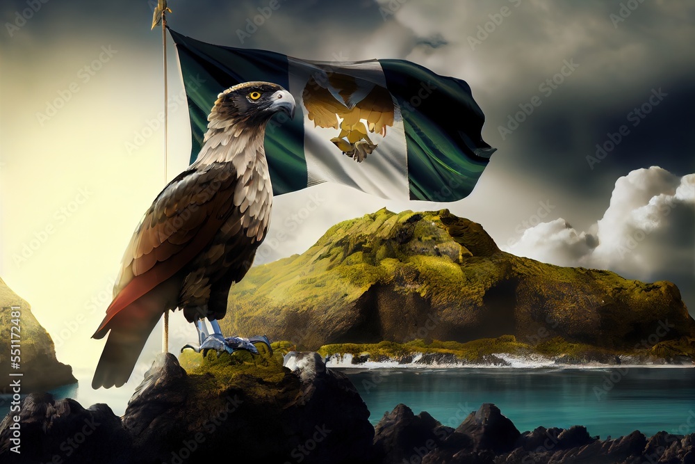 Poster a bird with a flag on a rock near a body of water and a mountain in the background with clouds. gene