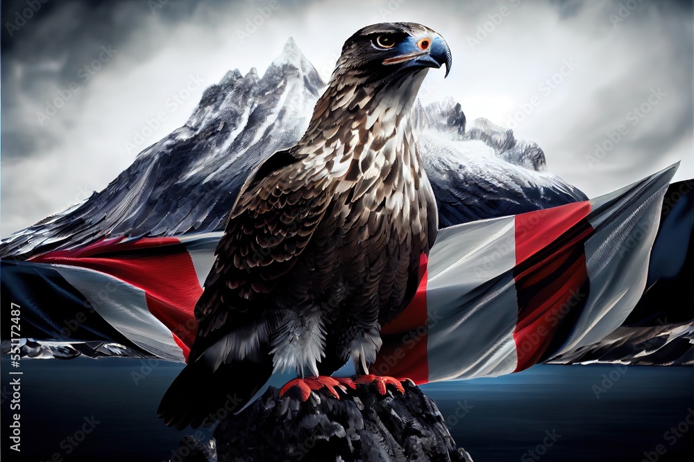 Poster a bird of prey sitting on a rock with a flag in the background of a mountain range with snow capped 
