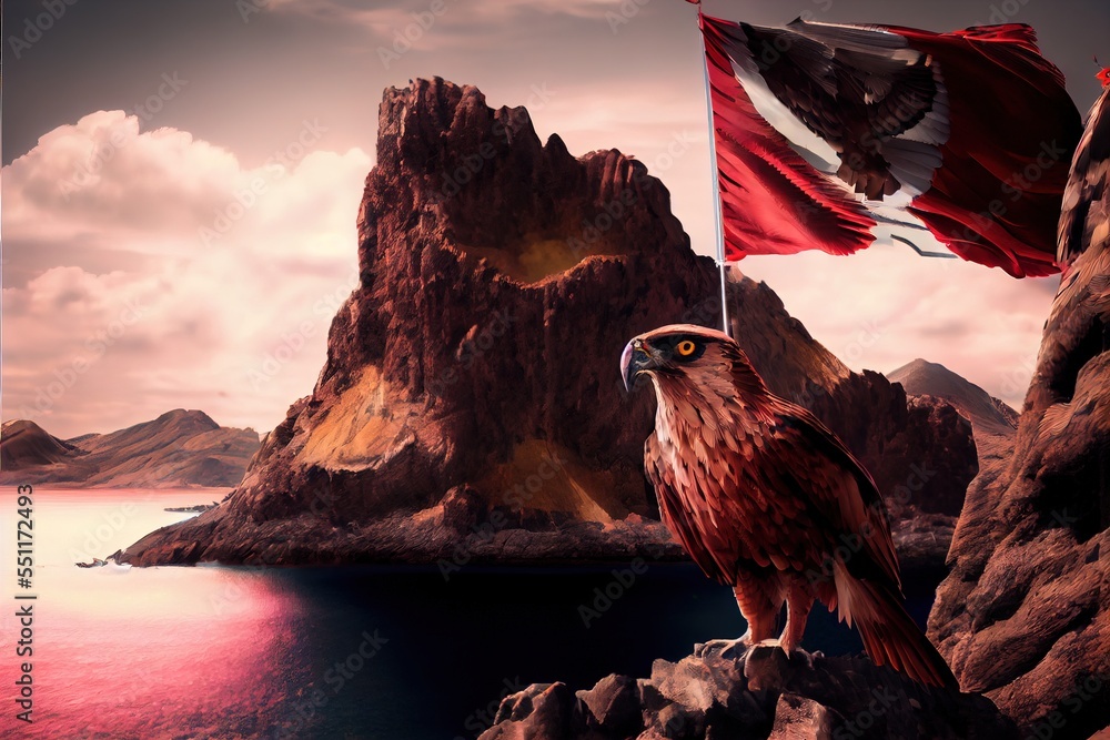 Poster a bird with a flag on a rock near a body of water and mountains in the background with a flag flying