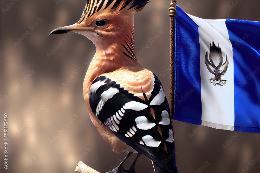Poster a bird with a flag on its back and a flag on its back side. generative ai