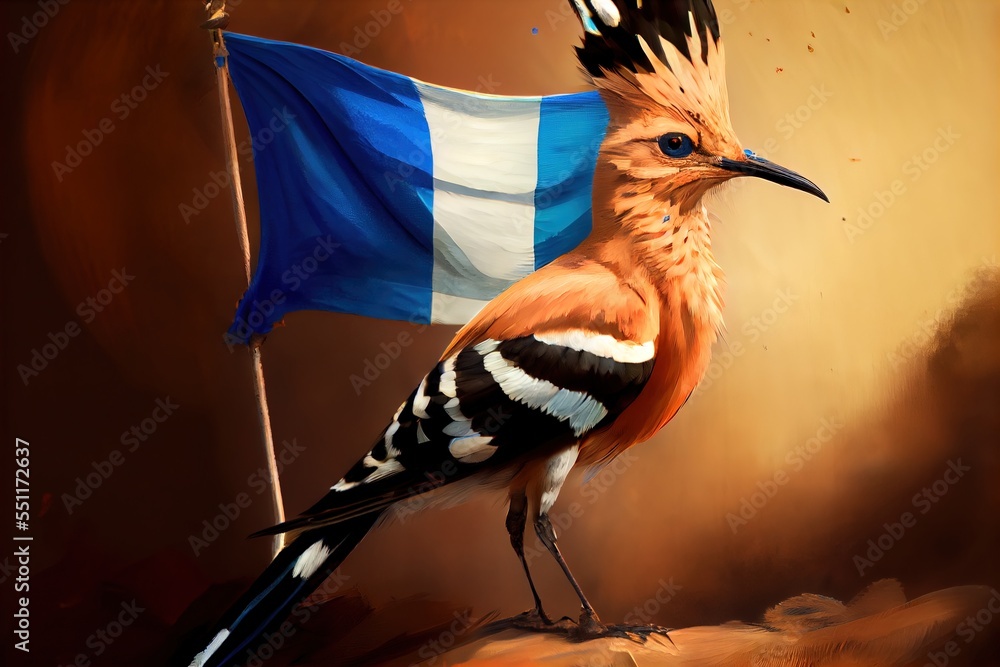 Poster a bird with a flag on its back is standing on a rock and has a blue and white flag in its beak. gene