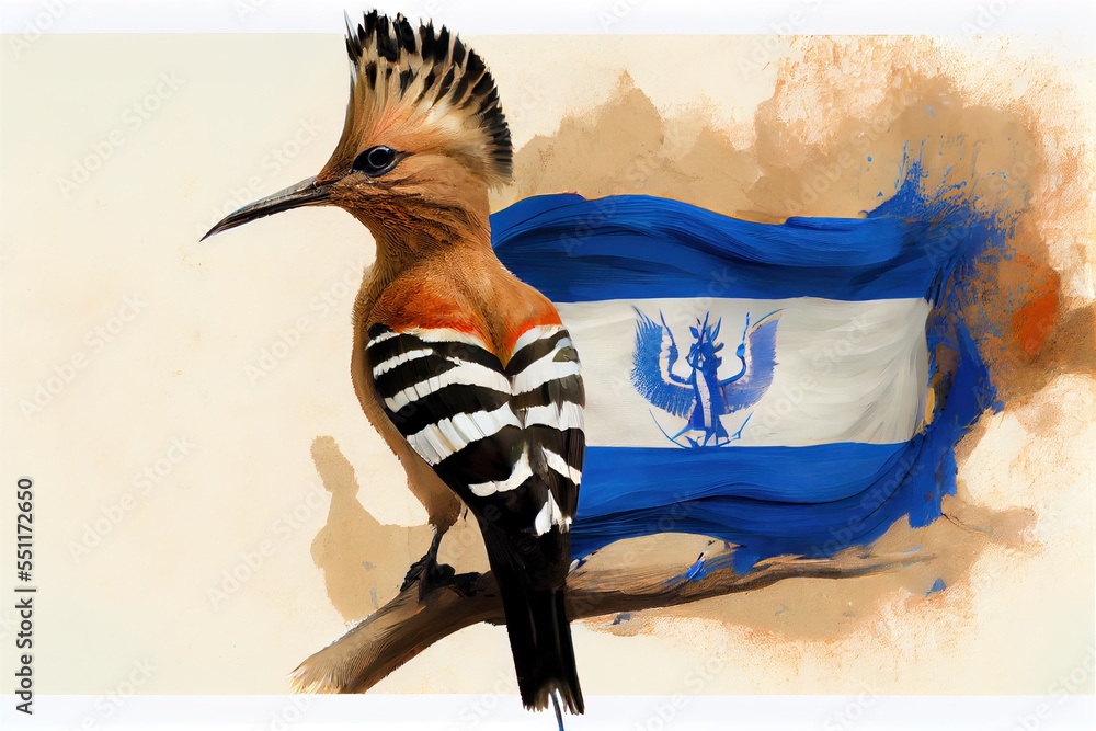 Poster a bird with a flag on it's back sitting on a branch of a tree with a blue and white flag in the back