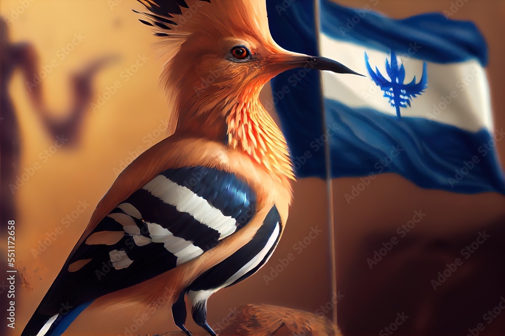 Poster a bird with a flag in the background and a flag in the foreground of the image. generative ai