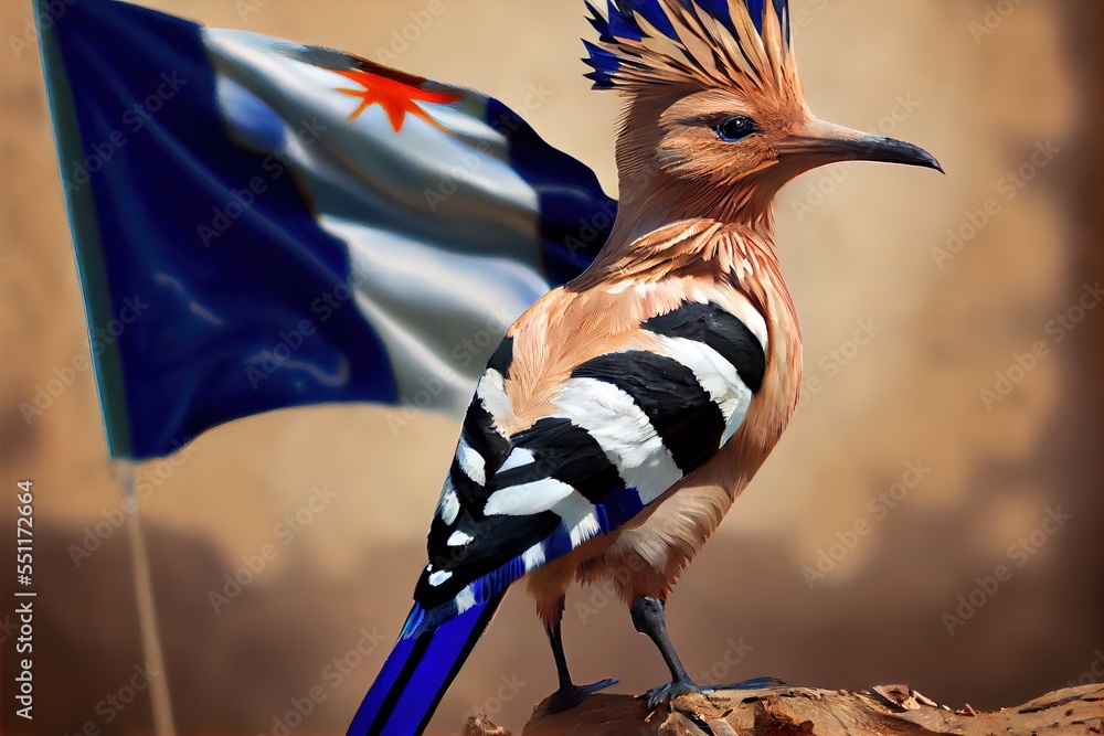 Poster a bird with a blue tail and a white and black stripe on its body and a flag in the background. gener