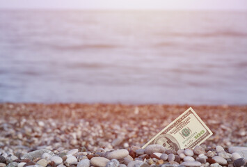 Hundred dollars half covered with round rocks lie on beach close up. Dollar bills partially buried...