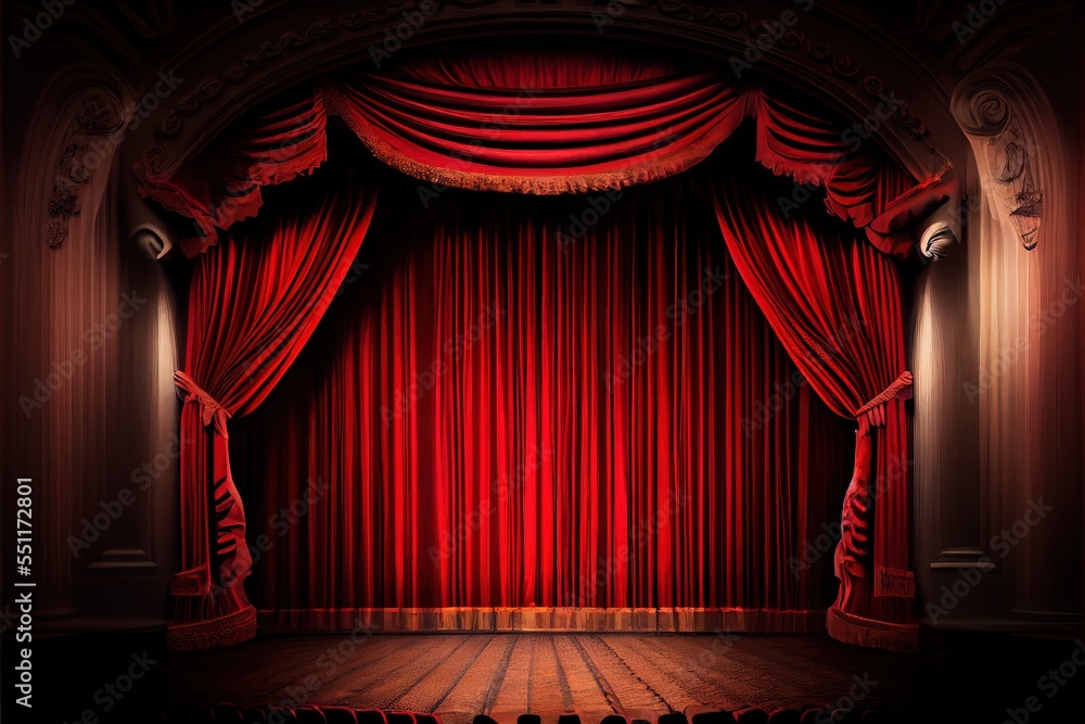 Poster a red curtain with a stage in the background with a wooden floor and a stage with a red curtain. gen