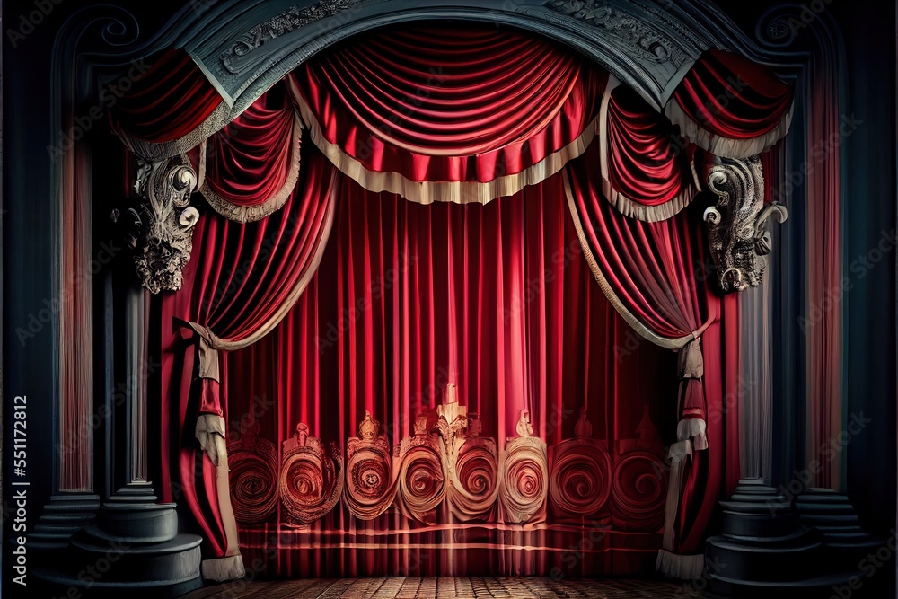 Poster a stage with a red curtain and two pillars on either side the floor is visible at the bottom of the 