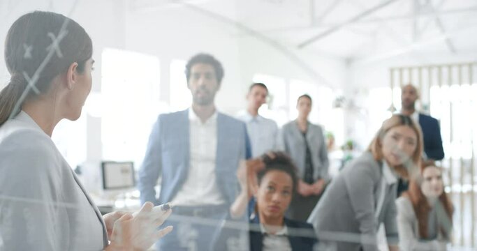 Glass, presentation and business people with manager writing company strategy with teamwork, collaboration and brainstorming in office. Corporate boss woman, employee engagement and planning ideas