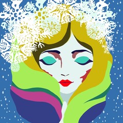 Frau Gesicht in vielen Farben mit Schneeflocken NFT-Art mit blauem Hintergrund 