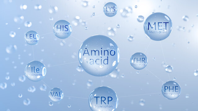 essential amino acid symbols located on drops with structural links, 3d rendering of dietary supplements